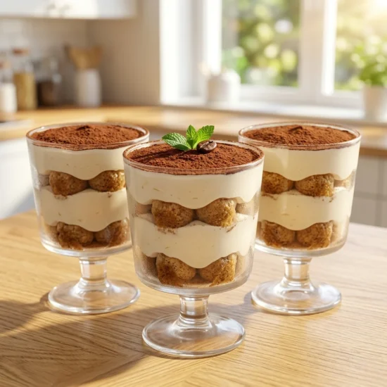 No-Bake Tiramisu Cups final step showing a hand using a fine mesh sieve to dust a generous layer of dark cocoa powder over a layered dessert in a glass cup.