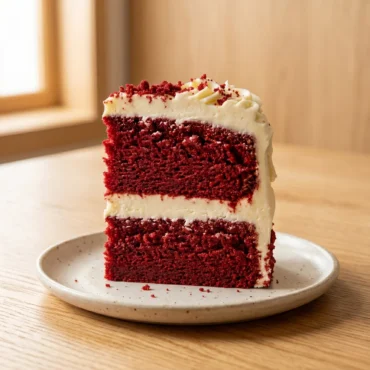 Red velvet cake recipe cover photo showing a perfect, moist slice of red cake layered with thick cream cheese frosting on a speckled plate.