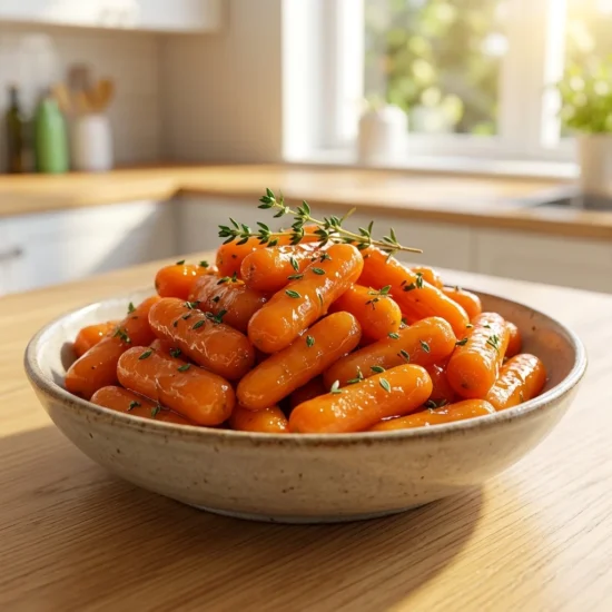 Close-up of the best honey glazed carrots recipe glistening in a golden-brown glaze inside a black cast-iron skillet, being sprinkled with fresh green herbs in a sunlit kitchen.