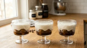 No bake tiramisu cups tightly covered with plastic wrap sitting on a wooden kitchen counter ready to be refrigerated.