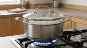 Shrimp tempura roll recipe step showing sushi rice steaming in a stainless steel pot with a glass lid on a gas stovetop.