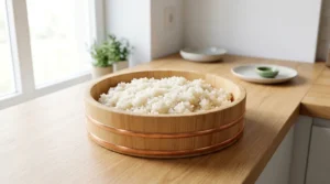 Shrimp tempura roll recipe step showing seasoned, glossy sushi rice resting and cooling in a traditional wooden bowl on a sunlit kitchen counter.