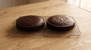 Chocolate fudge cake recipe step showing two round baked chocolate cakes cooling completely on a metal wire rack over a wooden table.