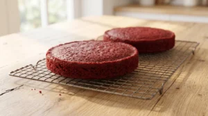 Red velvet cake recipe step showing two baked red cake layers cooling on a metal wire rack over a pristine wooden table.