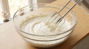 Red velvet cake recipe wet ingredients step showing an electric hand mixer beating pale, fluffy butter and sugar in a large glass bowl.