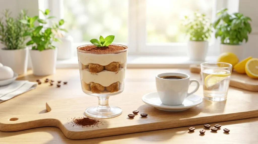 No bake tiramisu cups elegantly served on a wooden board alongside a fresh cup of espresso, garnished with mint and scattered coffee beans.
