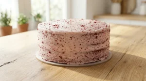 Red velvet cake recipe step showing a two-layer cake covered in a thin crumb coat of frosting with red crumbs on a wooden table.