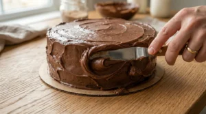 Chocolate fudge cake recipe step showing a hand using an offset spatula to create rustic swirls in thick chocolate frosting on a layer cake.