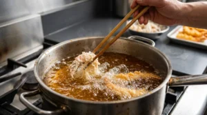 Shrimp tempura roll recipe step showing a hand using chopsticks to dip a battered shrimp into hot, bubbling oil for a golden, crispy finish.