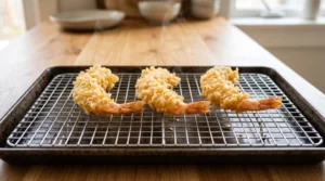 Shrimp tempura roll recipe step showing three golden-brown fried shrimp tempura draining on a metal wire rack to maintain their crispy texture.