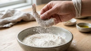 Shrimp tempura roll recipe step showing a hand holding a raw shrimp, lightly dredging it in all-purpose flour over a ceramic bowl while shaking off the excess.