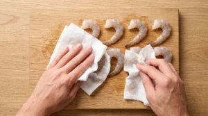 Shrimp tempura roll recipe step showing a pair of hands using white paper towels to pat raw shrimp completely dry on a wooden cutting board.