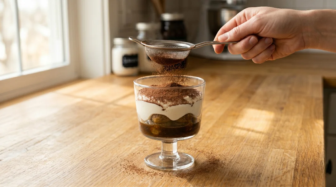 No bake tiramisu cups final step showing a hand using a fine mesh sieve to dust a generous layer of dark cocoa powder over a layered dessert in a glass cup.