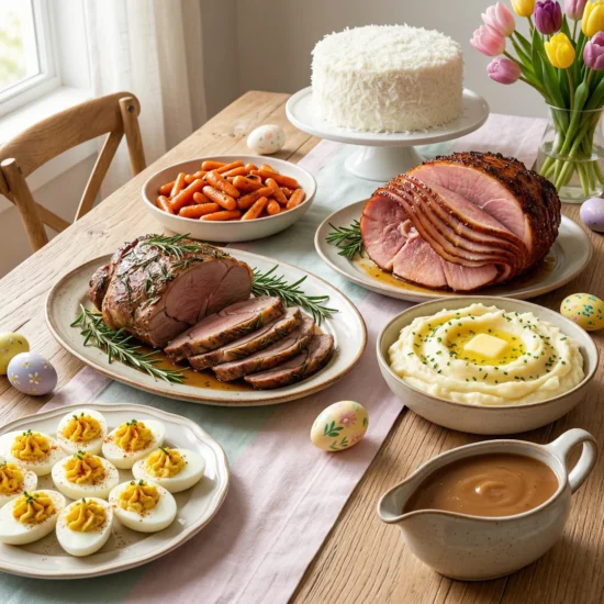 Easter dinner menu featuring a festive 45-degree angle view of a complete holiday spread with roasted leg of lamb, honey glazed carrots, and deviled eggs on a rustic wooden table.