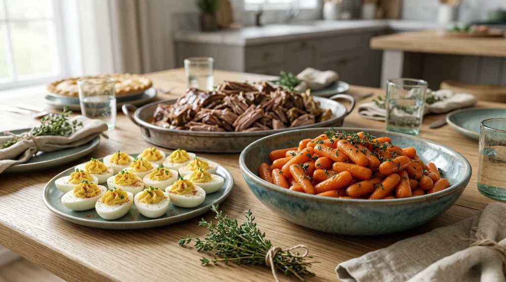 A festive wooden table featuring the best honey glazed carrots recipe, a plate of classic deviled eggs, and a platter of slow cooker leg of lamb.