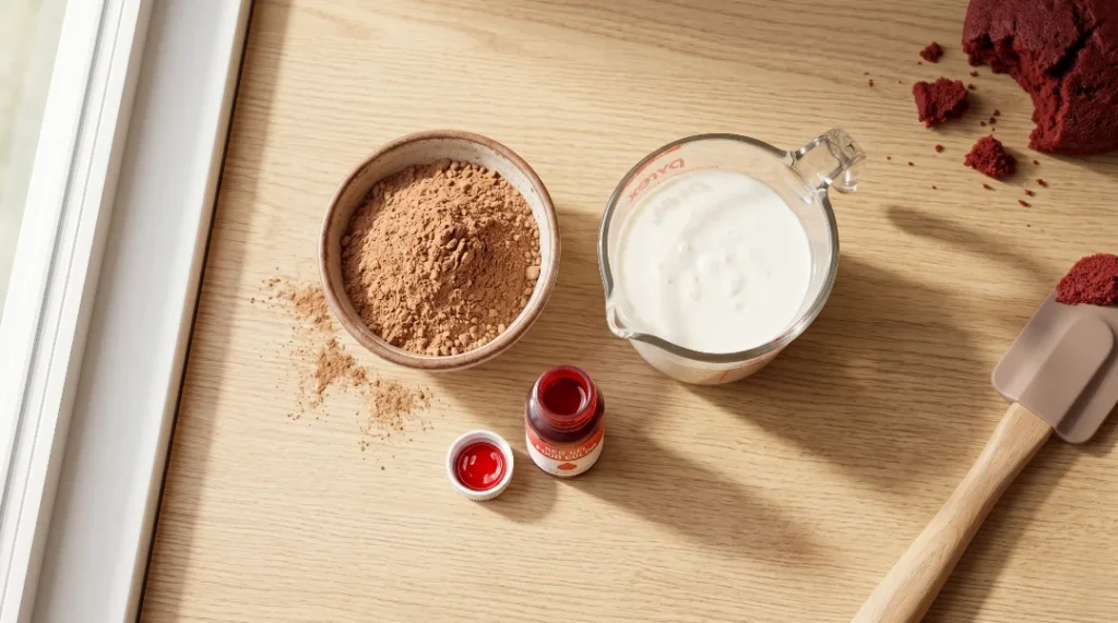 Red velvet cake recipe ingredient shot showing natural cocoa powder, buttermilk, and red gel food coloring on a wooden counter next to a window.