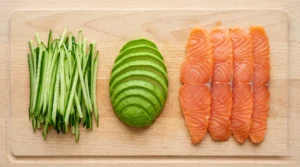 Philadelphia roll recipe prep showing cucumber matchsticks, sliced avocado, and smoked salmon arranged on a wooden board.