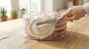 Red velvet cake recipe decorating step showing a hand using an offset spatula to create thick rustic swirls of white cream cheese frosting over a layer cake.