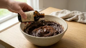 Chocolate fudge cake recipe step showing dark vanilla extract dripping into a bowl of rich chocolate frosting next to a pile of coarse salt.