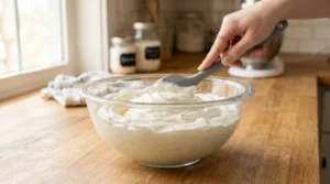 No bake tiramisu cups step showing a hand using a grey rubber spatula to gently fold whipped cream and mascarpone together in a clear glass bowl on a wooden counter.
