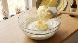 Red velvet cake recipe frosting step showing a spatula transferring pale, fluffy beaten butter from a ceramic bowl into a glass bowl of smooth cream cheese.