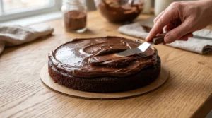 Chocolate fudge cake recipe step showing an offset spatula spreading a thick layer of chocolate frosting over a single round cake layer.