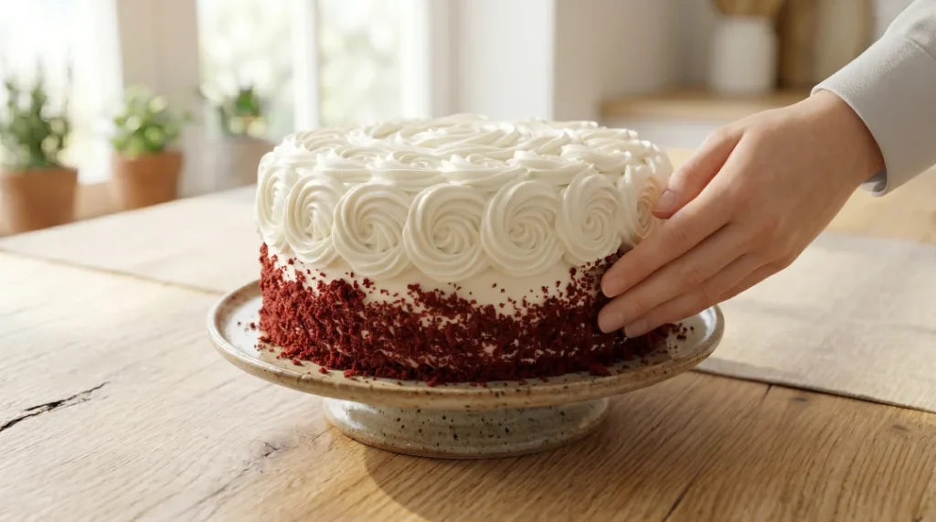 Red velvet cake recipe finishing step showing a hand pressing bright red cake crumbs onto the sides of a white frosted layer cake on a ceramic stand.