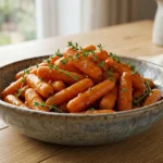 A close-up of a matte black cast iron skillet filled with golden glazed baby carrots garnished with fresh green thyme and parsley.