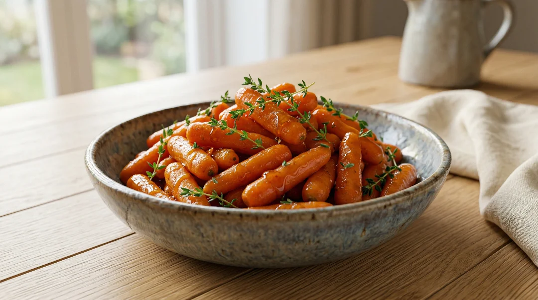 A close-up of a matte black cast iron skillet filled with golden glazed baby carrots garnished with fresh green thyme and parsley.