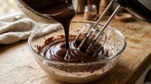 Chocolate fudge cake recipe step showing cooled melted dark chocolate being poured into a glass bowl of frosting while mixing with an electric hand mixer.