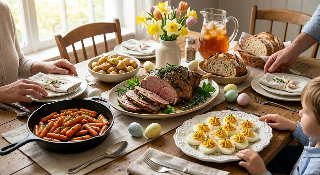 Easter dinner menu featuring a full family spread with sliced lamb, glazed carrots, and deviled eggs as a child reaches for the plate.