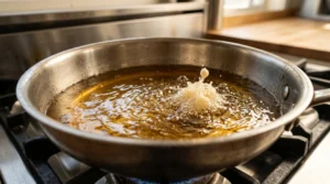 Shrimp tempura roll recipe step showing a drop of tempura batter hitting hot oil in a stainless steel pan and instantly sizzling to test the temperature.