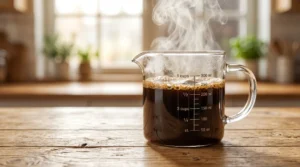 Chocolate fudge cake recipe step showing a glass measuring cup filled with steaming hot brewed coffee on a wooden kitchen counter.