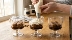 No bake tiramisu cups assembly showing a hand using a piping bag to swirl thick mascarpone cream over coffee-soaked ladyfingers inside clear glass dessert cups.