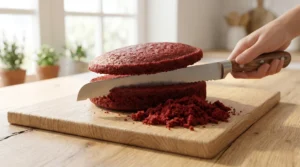 Red velvet cake recipe assembly step showing a baker using a serrated knife to level the domed top of a red cake layer on a wooden board.