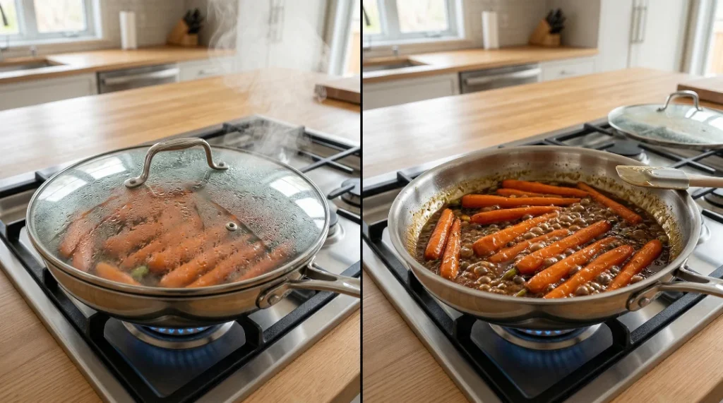 Side-by-side comparison for the honey glazed carrots recipe showing carrots steaming under a glass lid and then simmering in a thick, golden glaze.