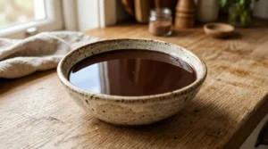 Chocolate fudge cake recipe step showing smooth melted dark chocolate in a rustic ceramic bowl on a wooden kitchen counter.