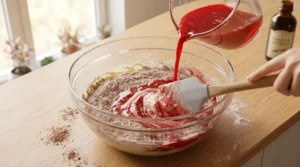 Red velvet cake recipe step showing bright red buttermilk being poured into a bowl of dry ingredients and butter mixture while folding with a spatula.