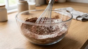 Chocolate fudge cake recipe step showing a wire whisk mixing flour, sugar, and Dutch process cocoa powder in a large glass bowl.