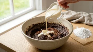 Chocolate fudge cake recipe step showing heavy cream being poured from a glass jug into thick chocolate frosting in a ceramic bowl.