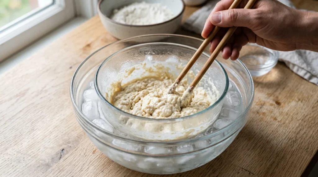 Shrimp tempura roll recipe step showing a hand using wooden chopsticks to gently mix lumpy tempura batter in a glass bowl set over an ice water bath.