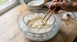 Shrimp tempura roll recipe step showing a hand using wooden chopsticks to gently mix lumpy tempura batter in a glass bowl set over an ice water bath.