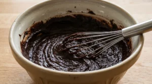 Chocolate fudge cake recipe step showing a wire whisk mixing thick, dark chocolate batter in a large ceramic bowl.