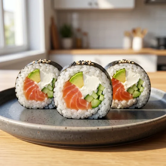 Philadelphia roll recipe editorial cover featuring fresh sushi rolls with creamy cream cheese and smoked salmon on a wooden board.