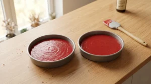 Red velvet cake recipe step showing two round baking pans filled with smooth, bright red cake batter on a wooden counter.