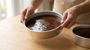 Chocolate fudge cake recipe step showing a baker holding a round metal baking pan filled with dark chocolate batter over a wooden counter.