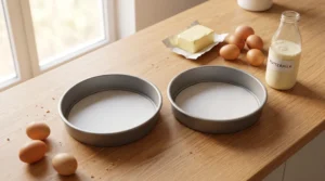 Red velvet cake recipe preparation step showing two parchment-lined round cake pans, eggs, butter, and buttermilk on a wooden counter.