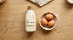 Chocolate fudge cake recipe step showing room temperature eggs in a ceramic bowl and a glass bottle of buttermilk on a wooden table.