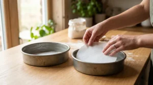 Chocolate fudge cake recipe step showing hands placing round parchment paper into greased metal baking pans on a wooden counter.