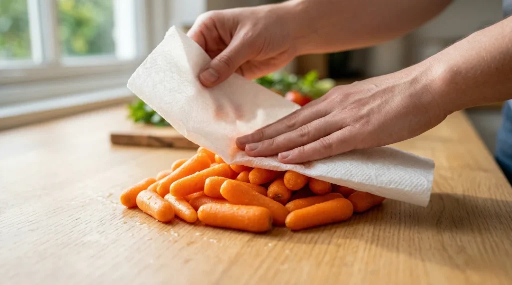 Two hands using a white paper towel to pat dry a pile of bright orange baby carrots on a wooden kitchen counter.
